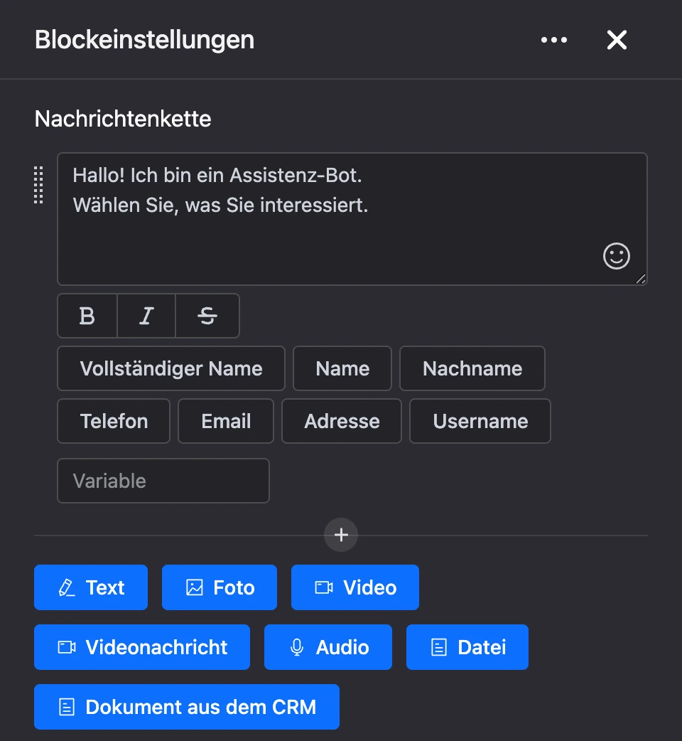 Blockeinstellungen: das Feld mit dem Begrüßungstext