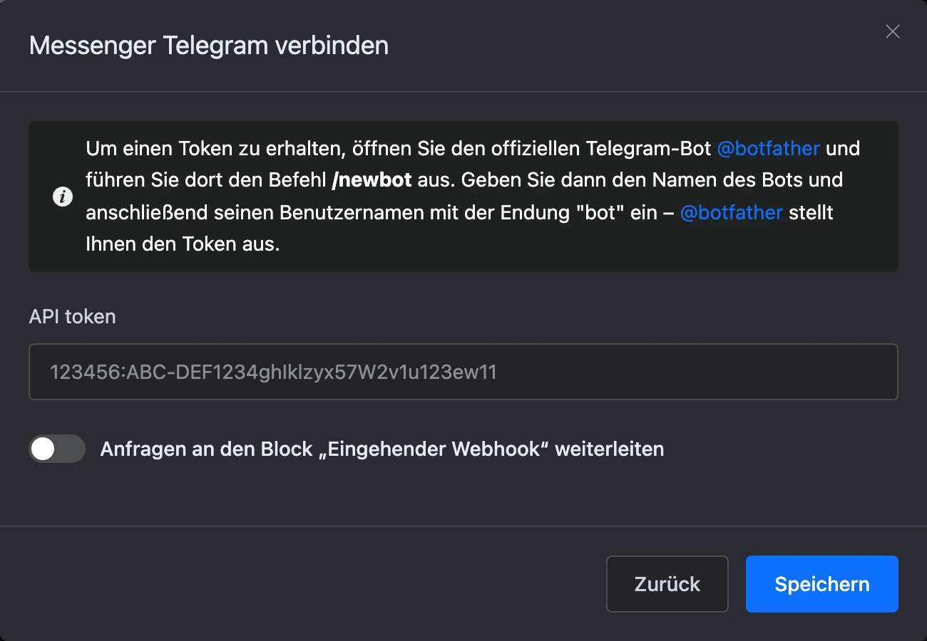 Fenster zur Verbindung mit Telegram mit dem Feld für den Token