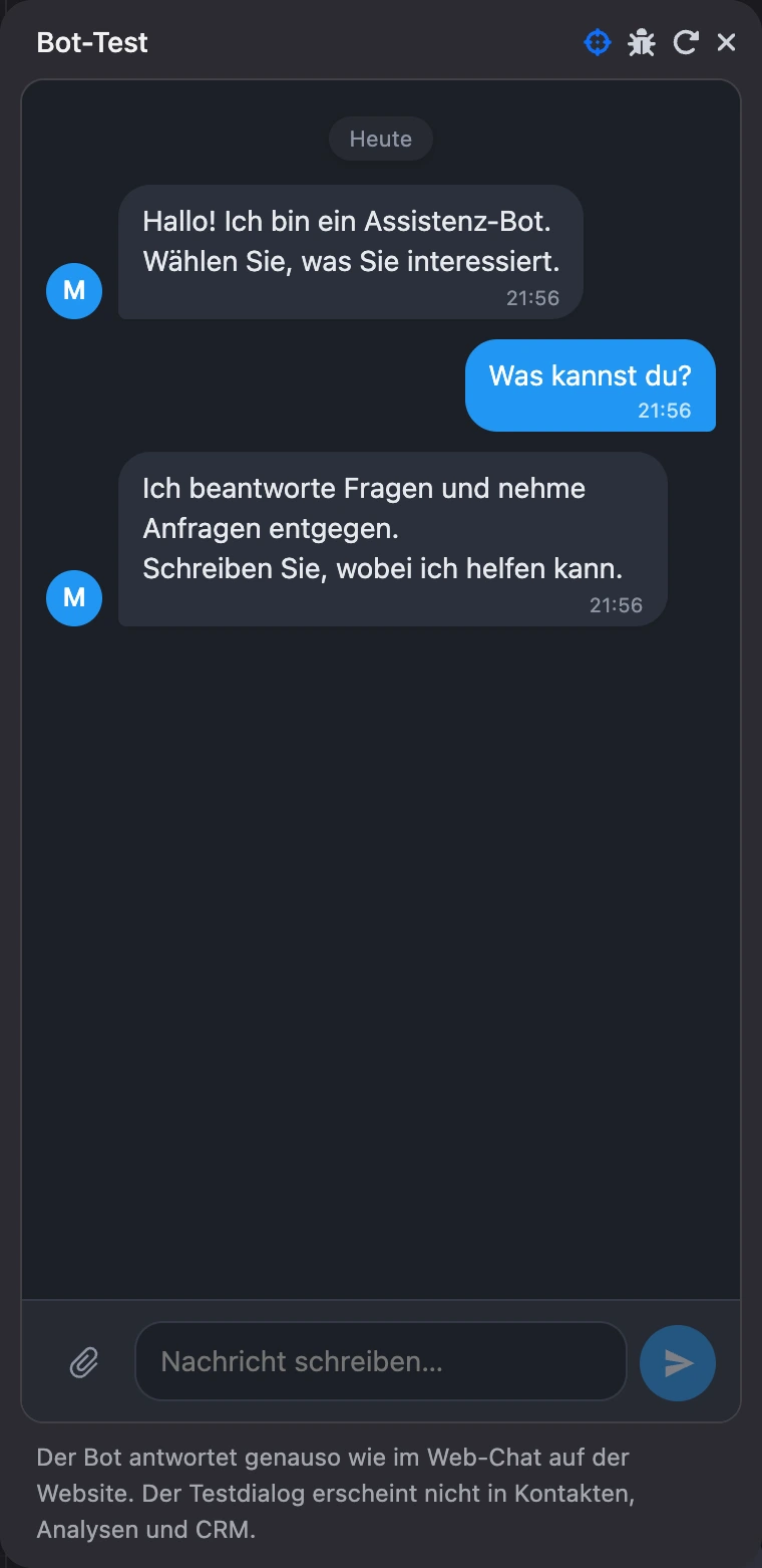 Das Fenster „Bot-Test“: Begrüßung, gedrückter Button und Antwort