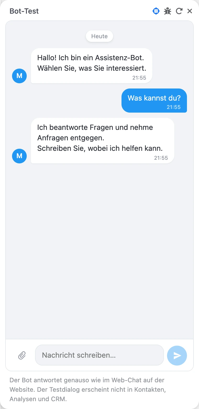 Das Fenster „Bot-Test“: Begrüßung, gedrückter Button und Antwort