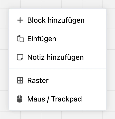 Kontextmenü des Schemas: „Block hinzufügen“, „Einfügen“, „Notiz hinzufügen“, „Raster“, „Maus / Trackpad“