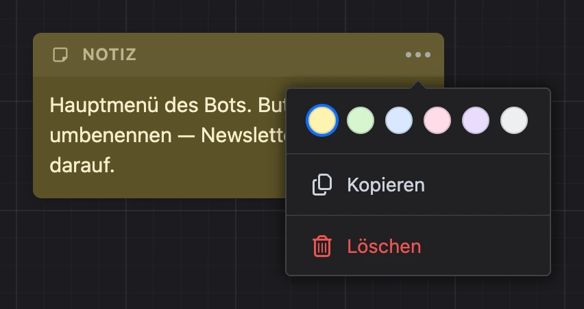 Notiz mit geöffnetem Menü „⋯“: Farben, „Kopieren“ und „Löschen“