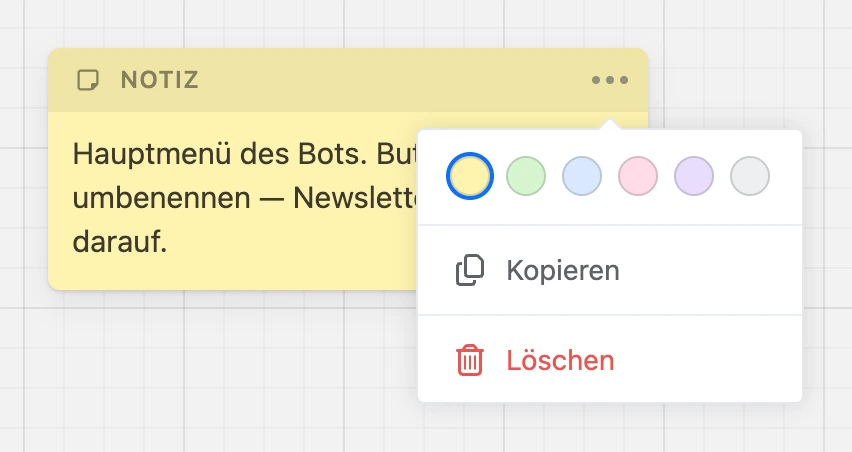 Notiz mit geöffnetem Menü „⋯“: Farben, „Kopieren“ und „Löschen“