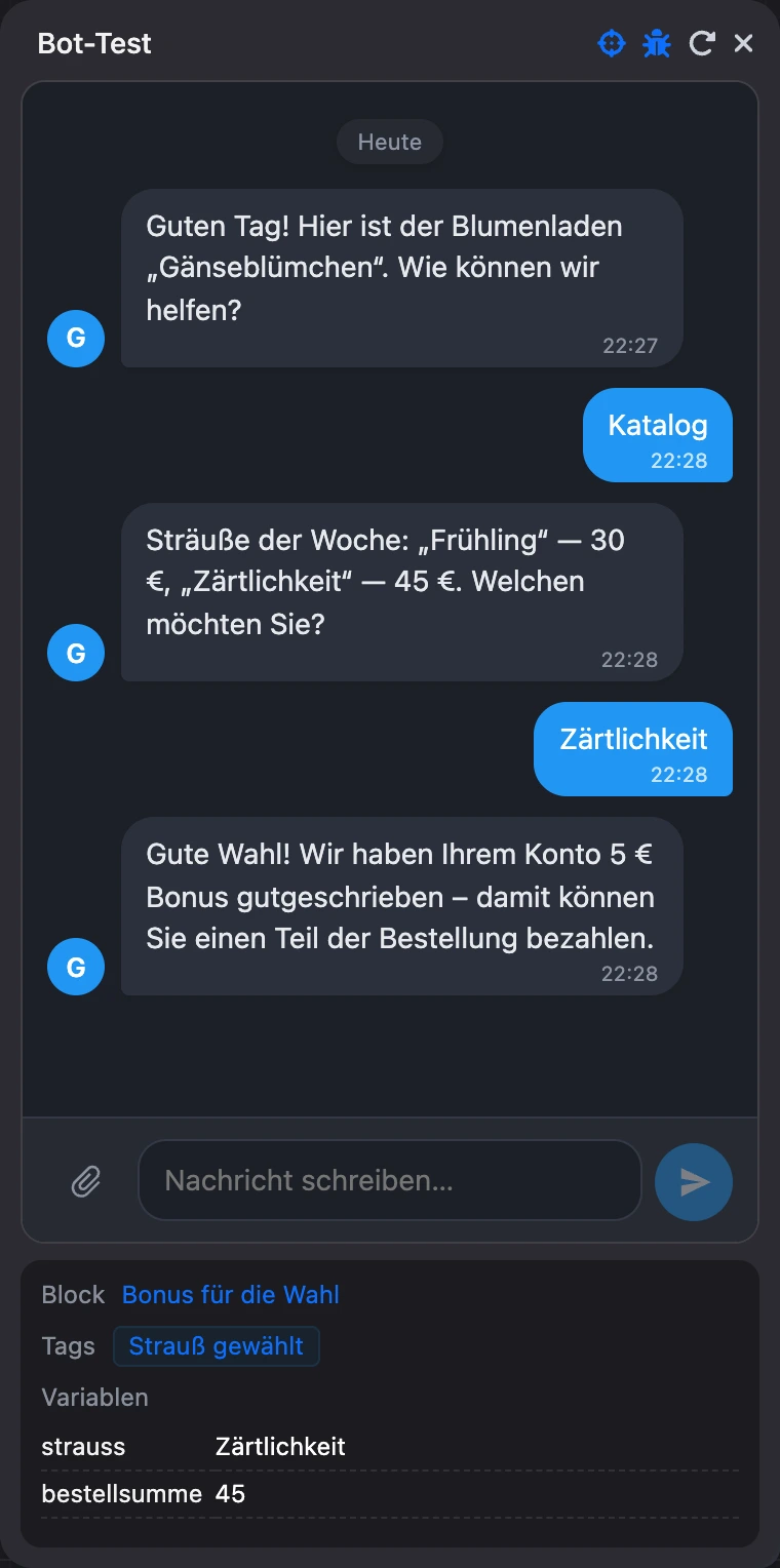 Die Leiste „Variablen und Tags“ unter dem Chat: aktueller Block, Tags und Variablen