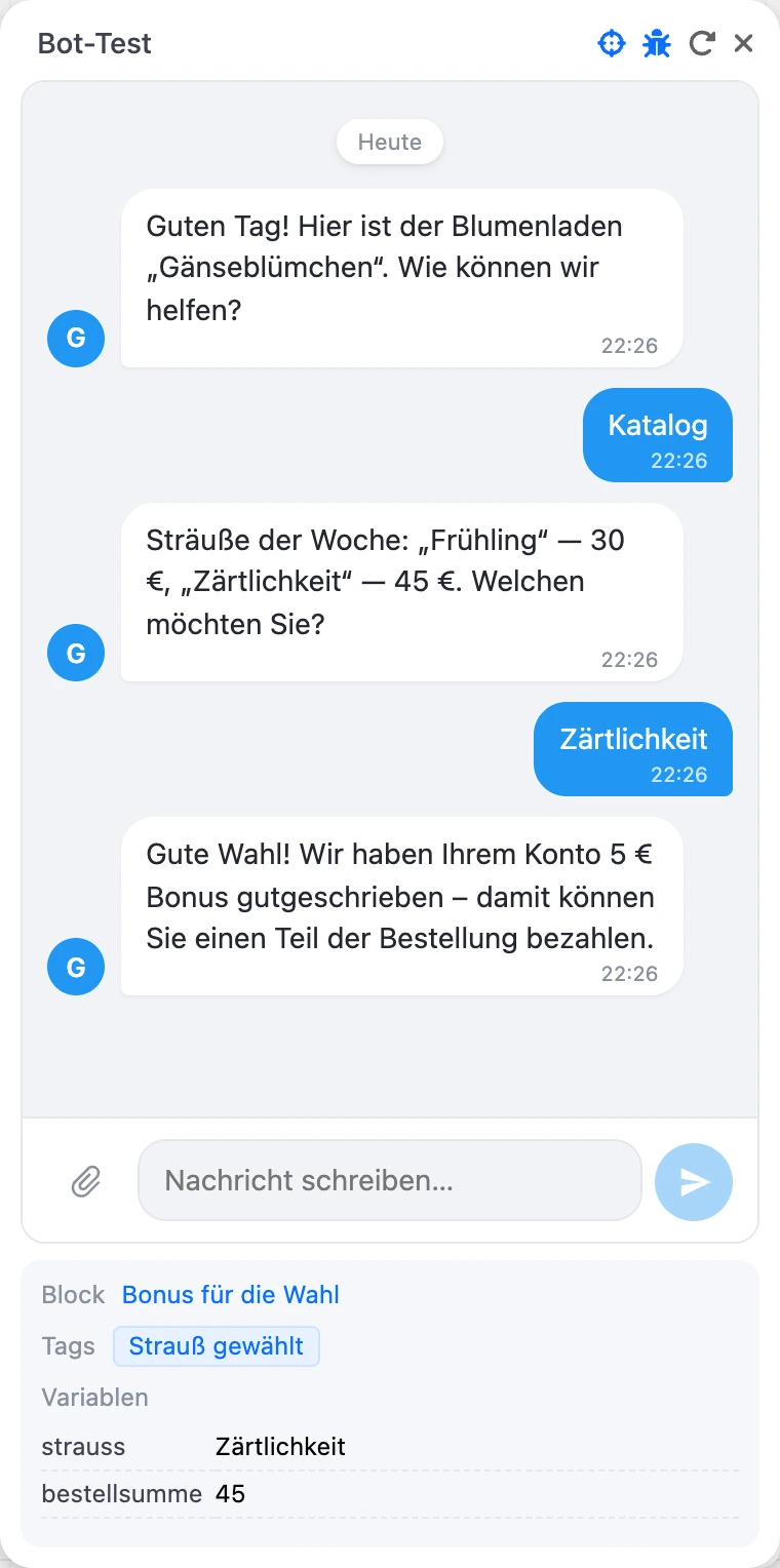 Die Leiste „Variablen und Tags“ unter dem Chat: aktueller Block, Tags und Variablen