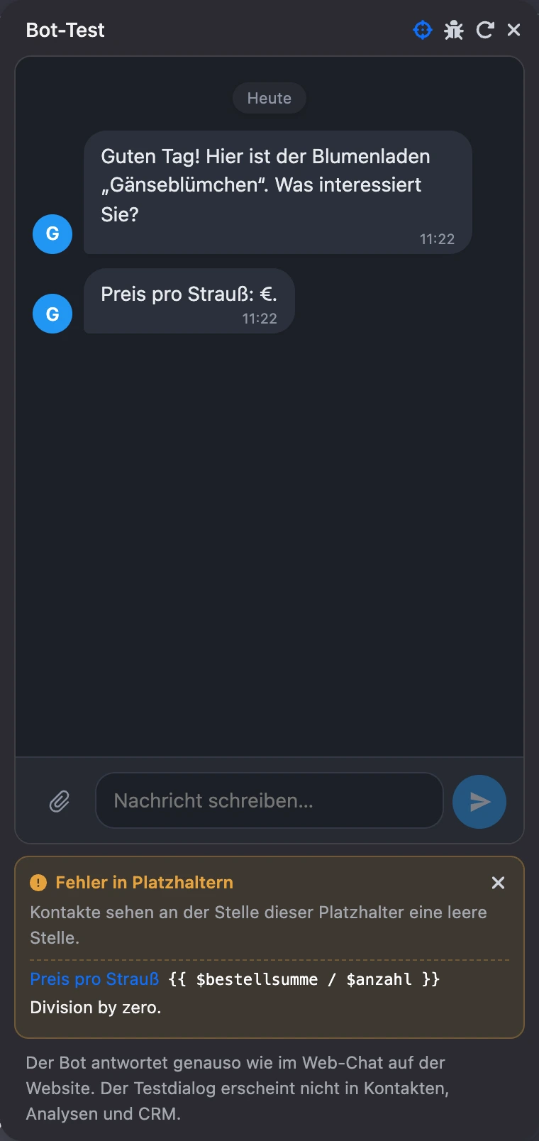 Testfenster mit dem Bereich „Fehler in Platzhaltern“: Block, Platzhalter und Fehlerursache