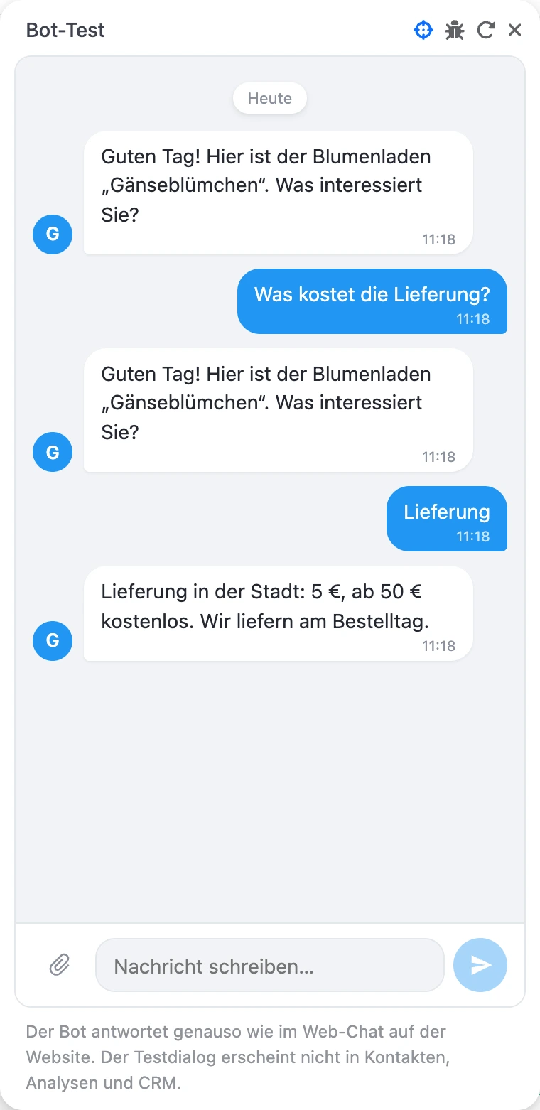 Fenster „Bot testen“: Auf „Was kostet die Lieferung?“ wiederholt der Bot die Frage, auf „2“ antwortet er zur Lieferung