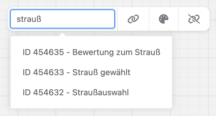 Blocksuche: die Anfrage „strauß“ und die Liste passender Blöcke mit ID