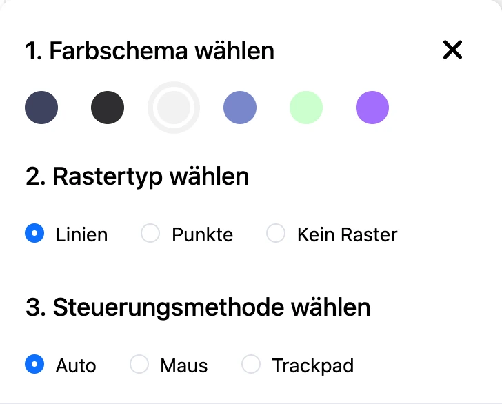 Fenster „Kartenfarbe und Raster“: Farbschema, Rastertyp und Steuerungsmethode