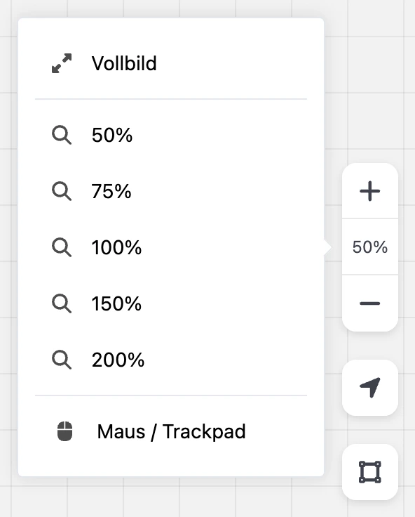 Zoomleiste mit geöffnetem Menü: „Vollbild“, 50–200 % und „Maus / Trackpad“