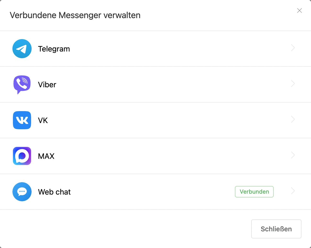 Liste der Kanäle des Bots: Ein verbundener Kanal trägt die Markierung „Verbunden“