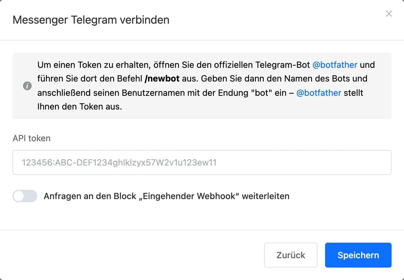 Fenster zur Verbindung mit Telegram mit dem Feld „API token“