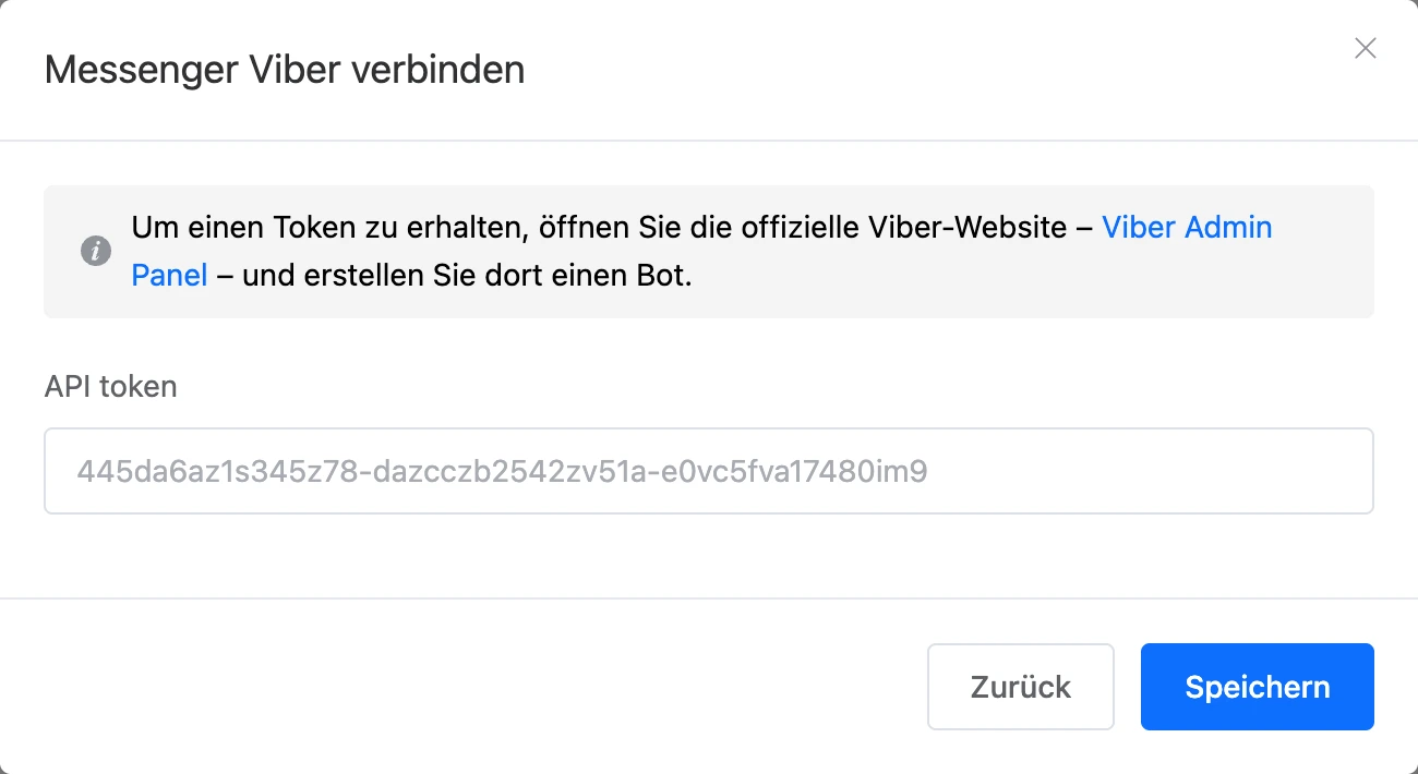 Fenster zur Verbindung mit Viber mit dem Feld „API token“