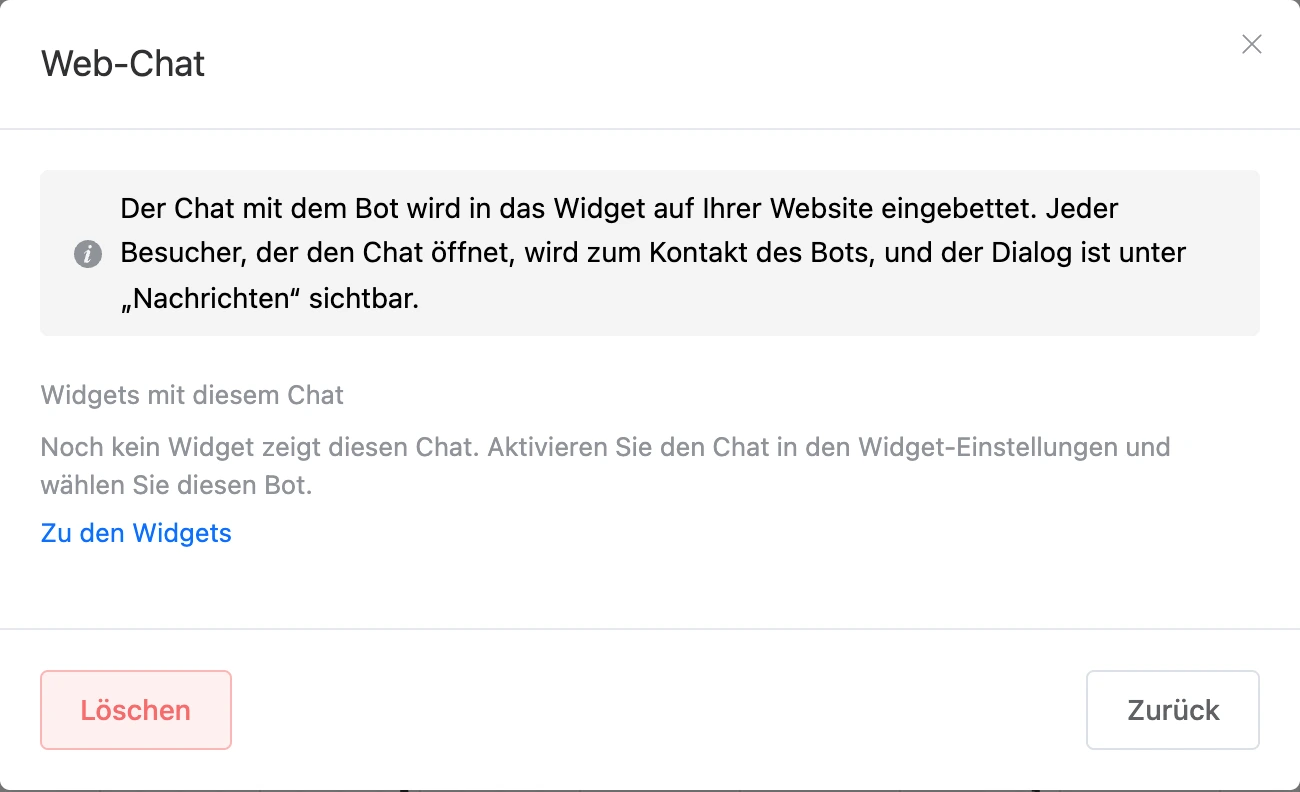 Fenster des Kanals „Web-Chat“: Beschreibung und Liste der Widgets mit diesem Chat
