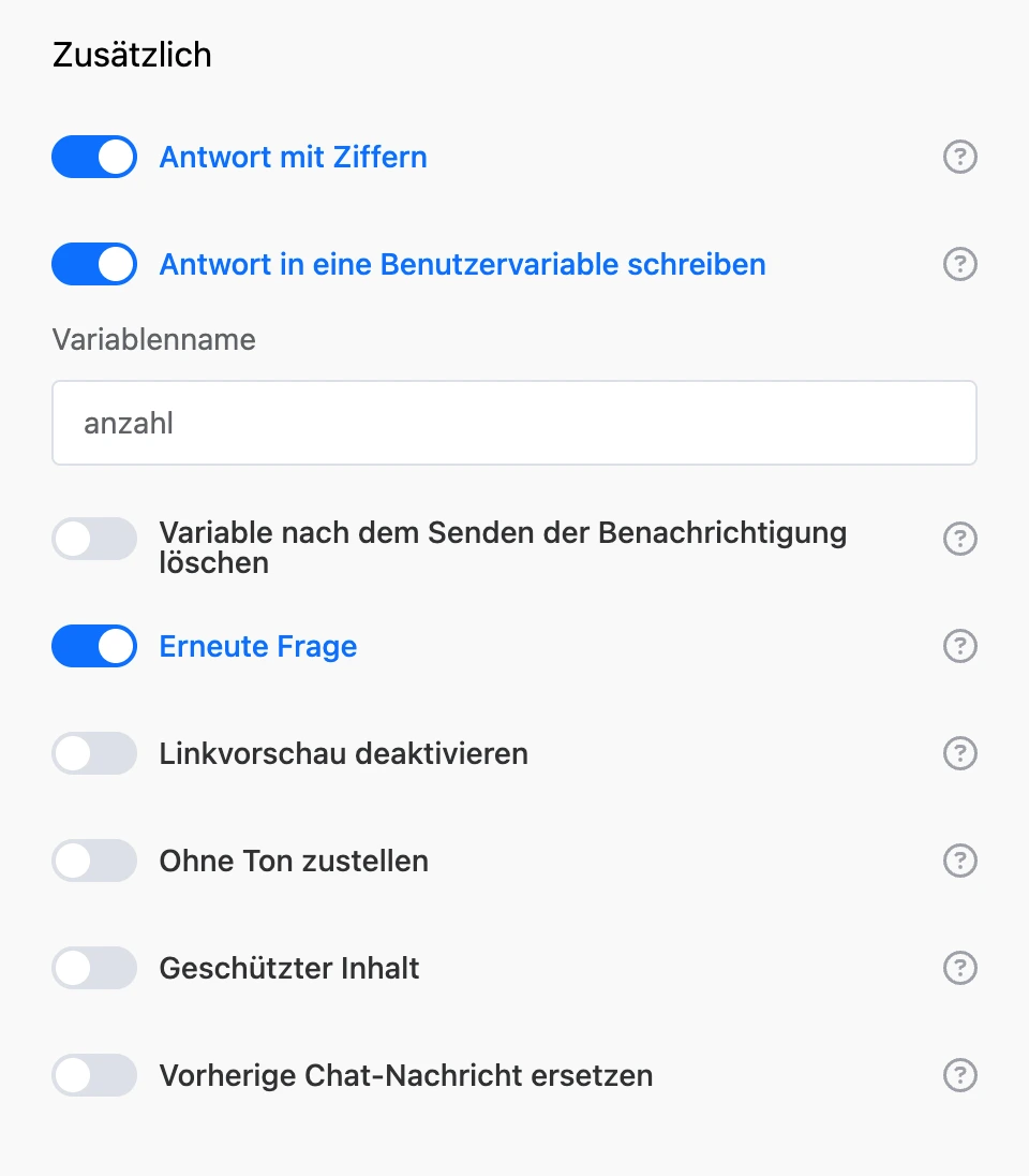 Bereich „Erweitert“: Antwort mit Ziffern, Antwort in Variable speichern, Frage wiederholen und weitere Schalter
