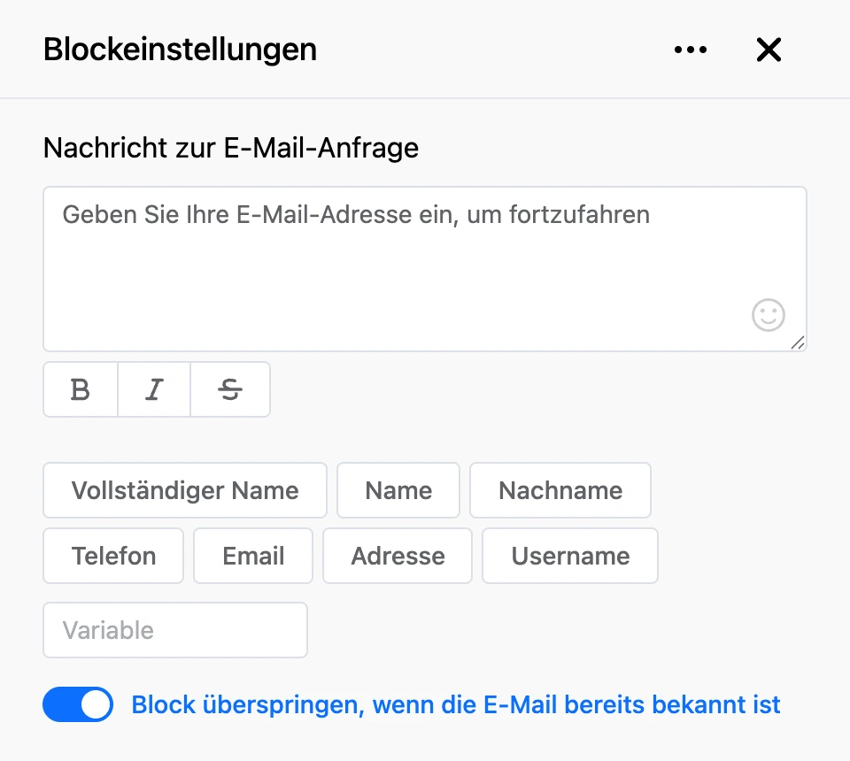 Einstellungspanel des Blocks „E-Mail-Anfrage“