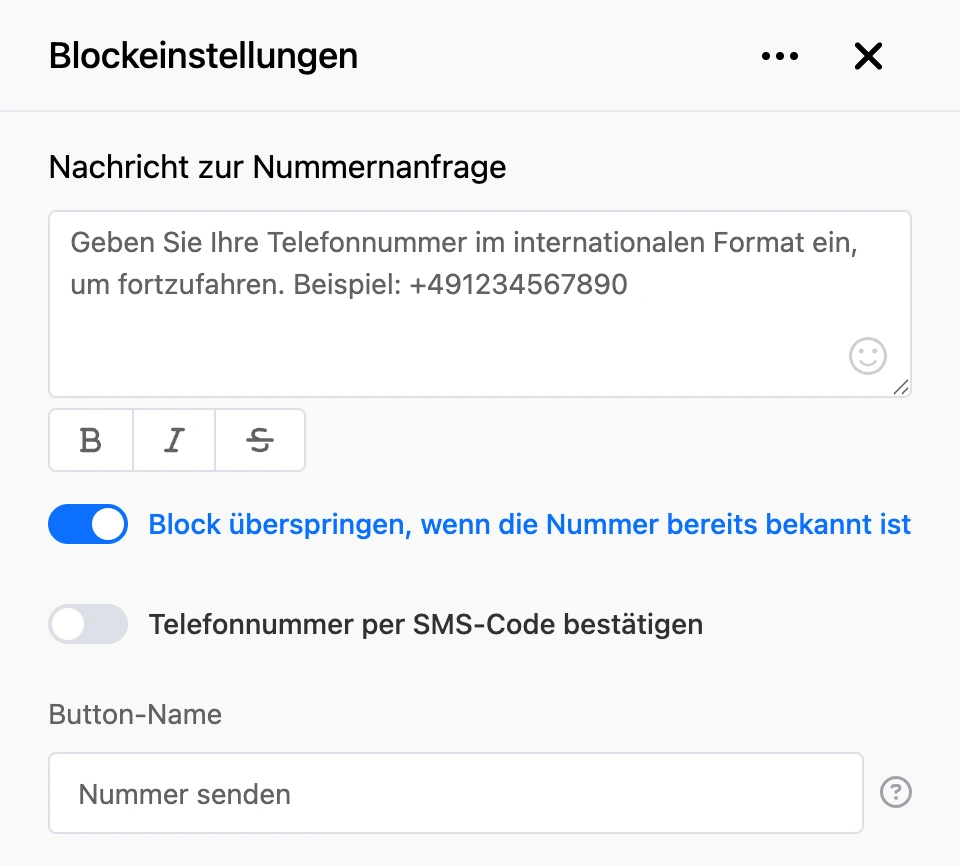 Einstellungspanel des Blocks „Telefonnummer anfordern“