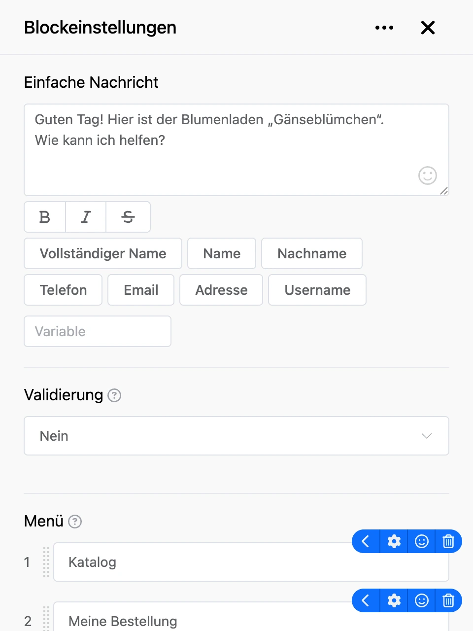 Einstellungspanel des Blocks „Einfache Nachricht“