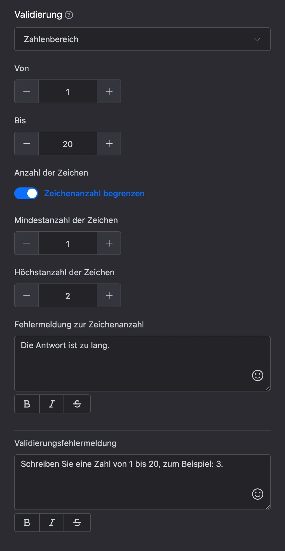 Bereich „Validierung“: Zahlenbereich von 1 bis 20, Zeichenbegrenzung und Fehlermeldungen