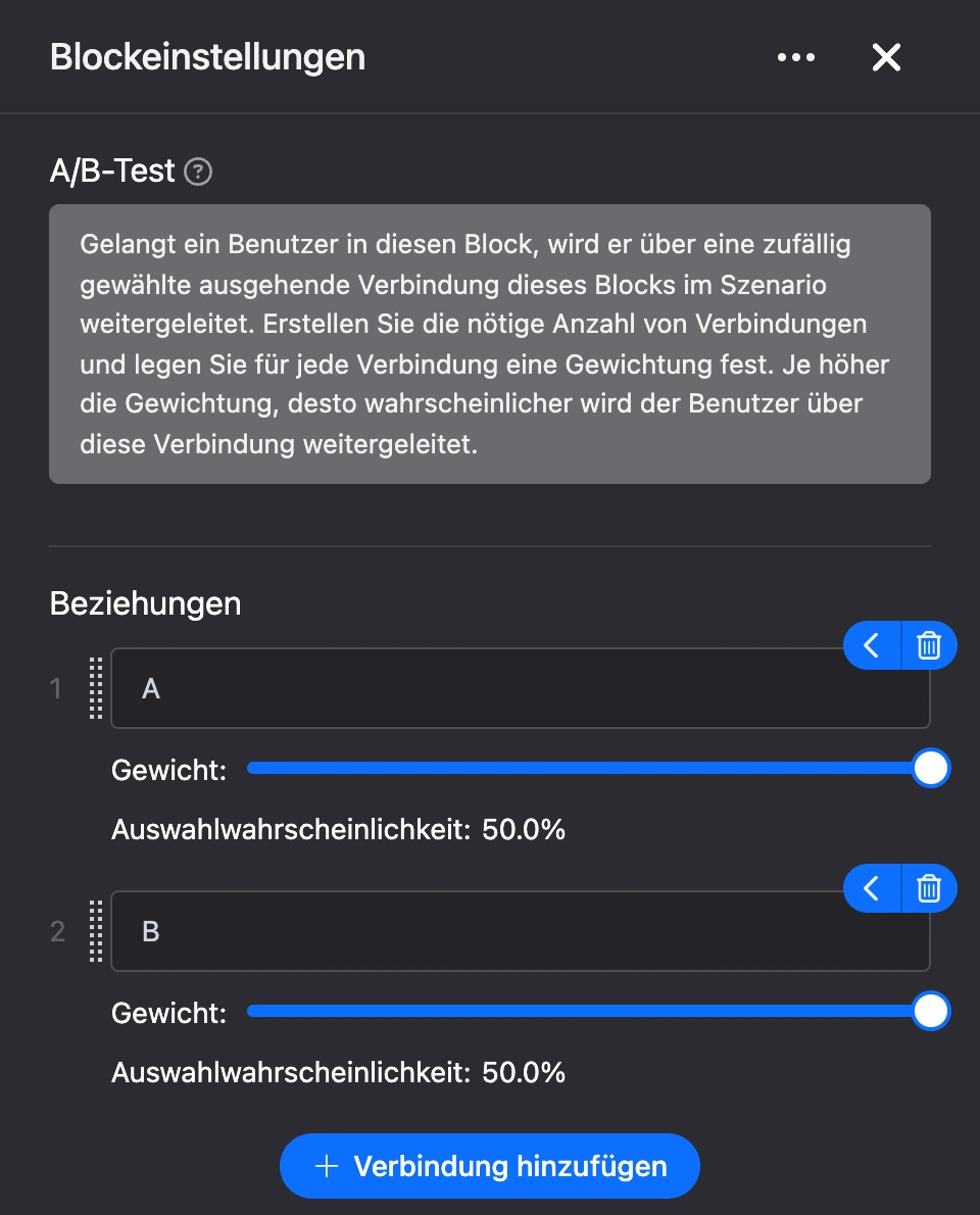 Einstellungspanel des Blocks „A/B-Test“