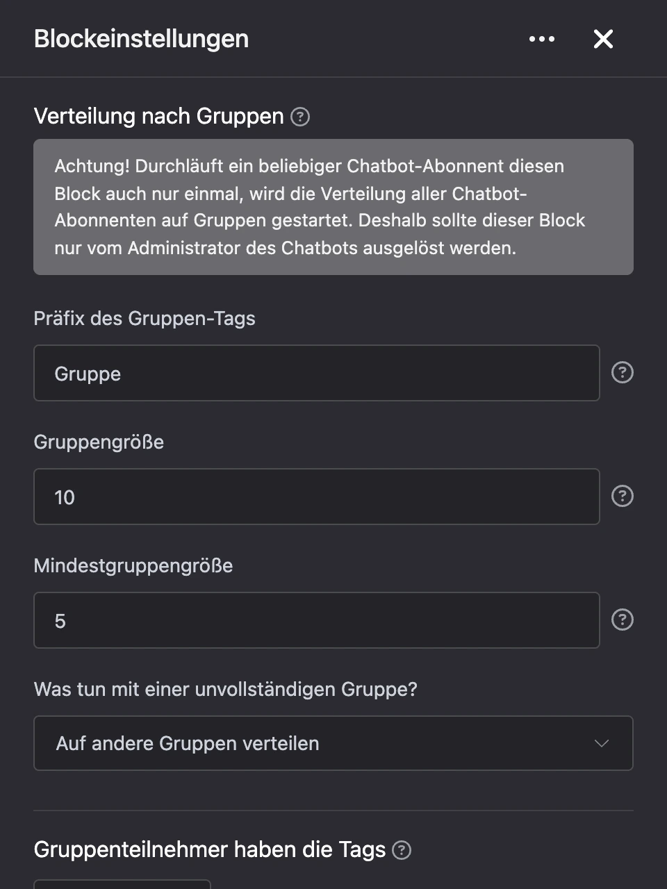 Einstellungspanel des Blocks „Verteilung nach Gruppen“