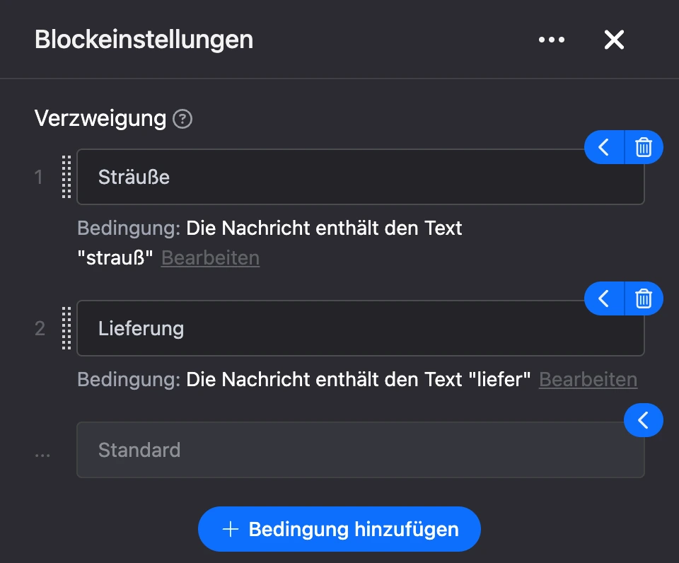 Einstellungspanel des Blocks „Verzweigung“