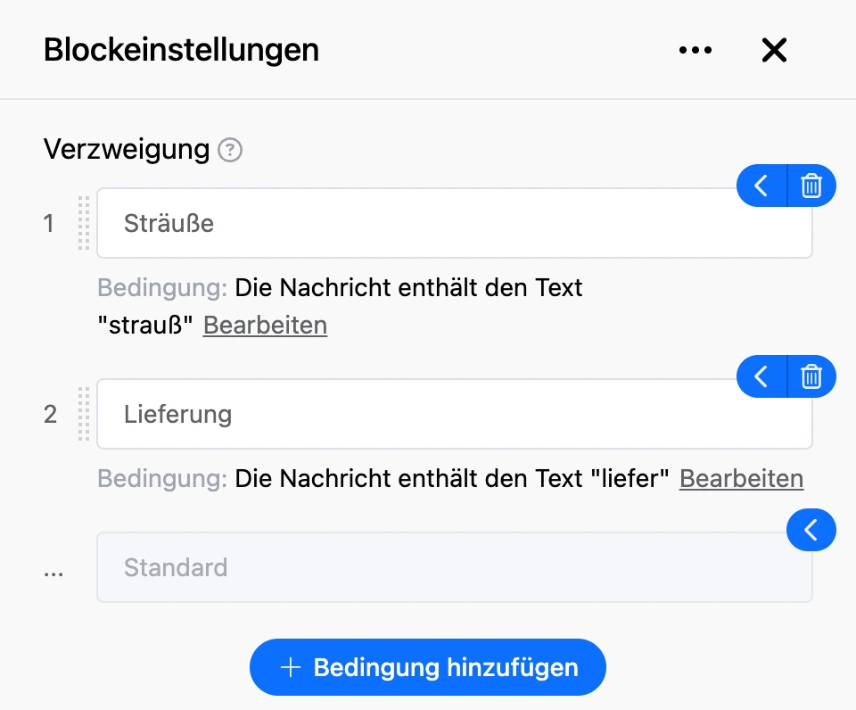 Einstellungspanel des Blocks „Verzweigung“