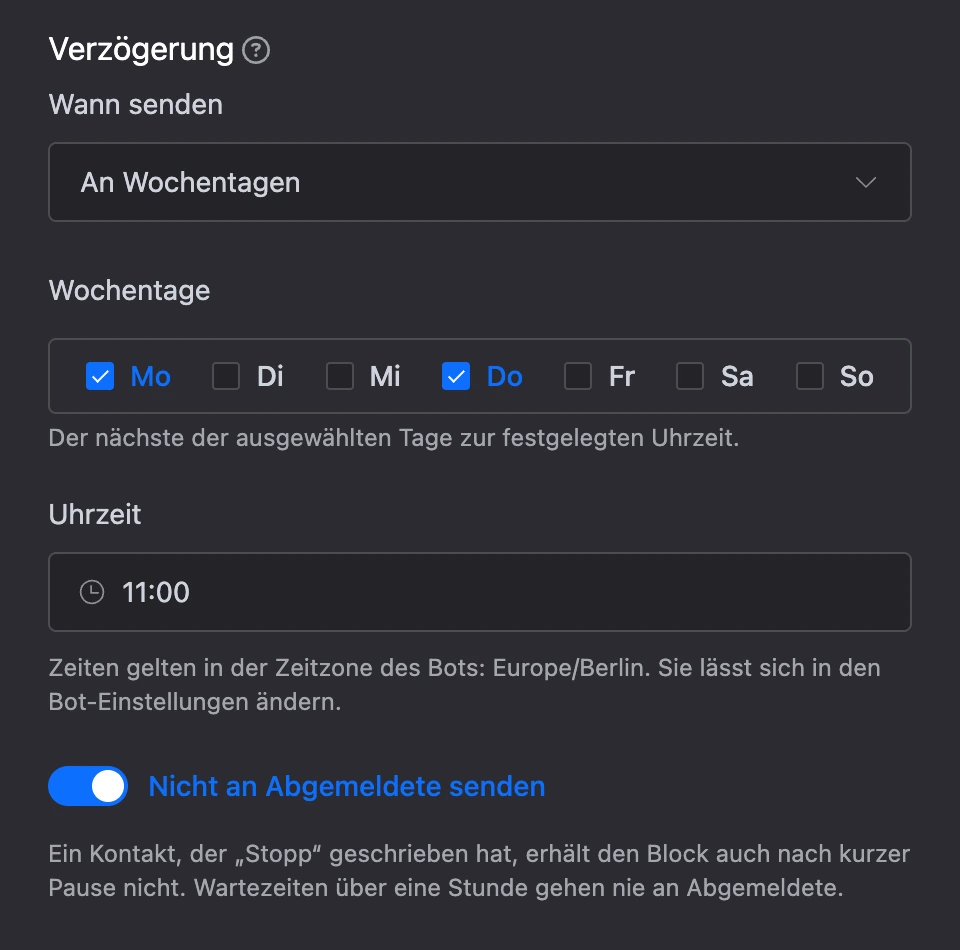 Modus „An Wochentagen“: Montag und Donnerstag markiert, Uhrzeit 11:00, „Nicht an Abgemeldete senden“ aktiv