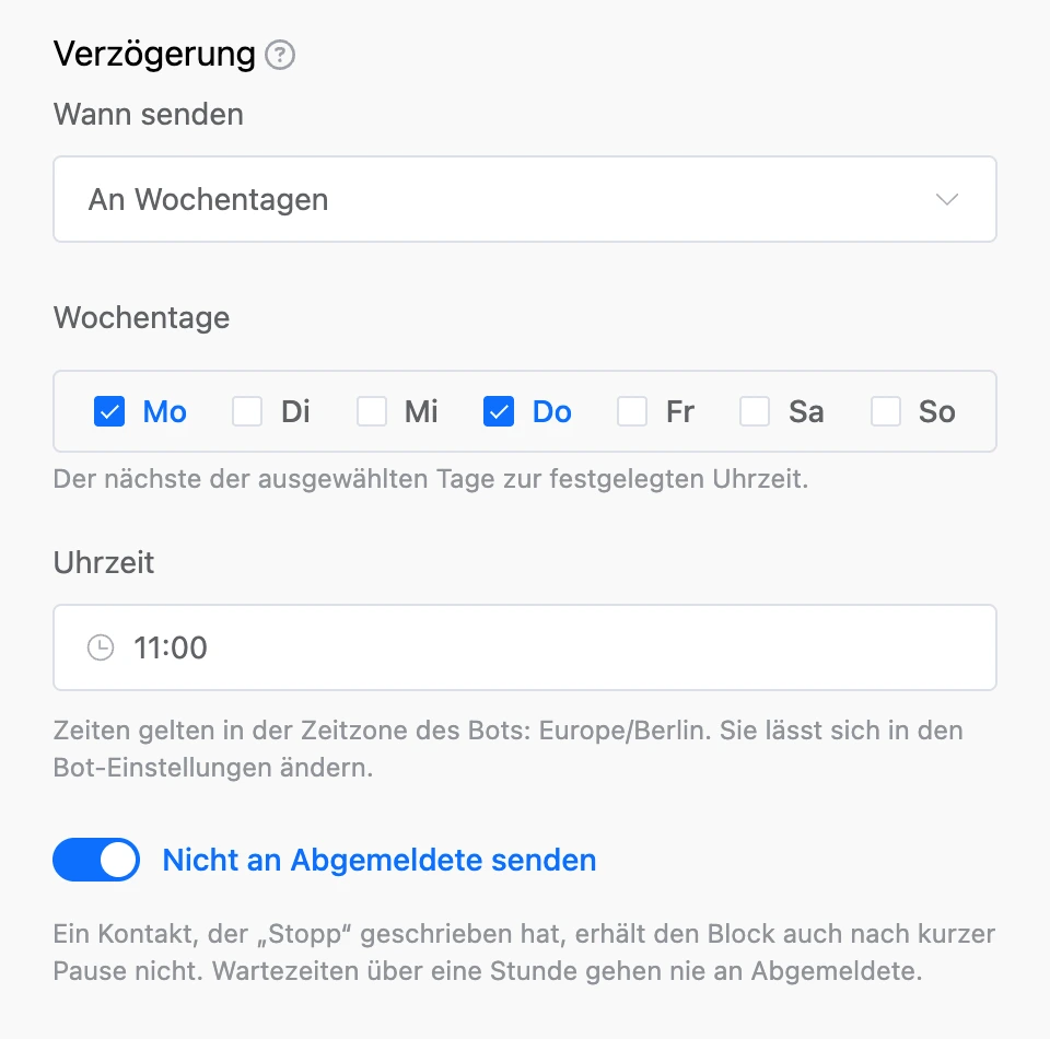 Modus „An Wochentagen“: Montag und Donnerstag markiert, Uhrzeit 11:00, „Nicht an Abgemeldete senden“ aktiv