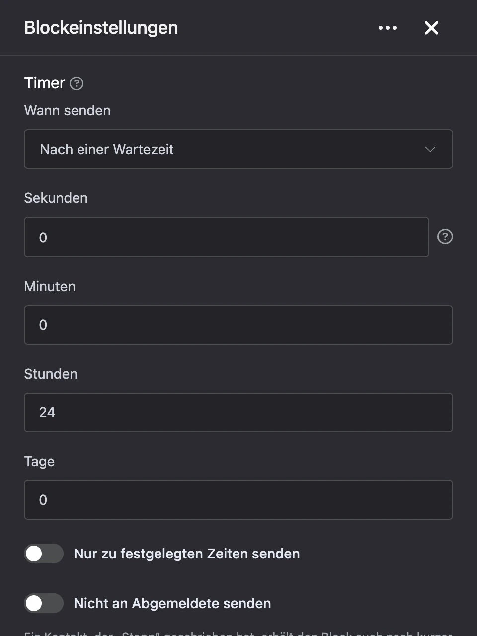 Einstellungspanel des Blocks „Timer“