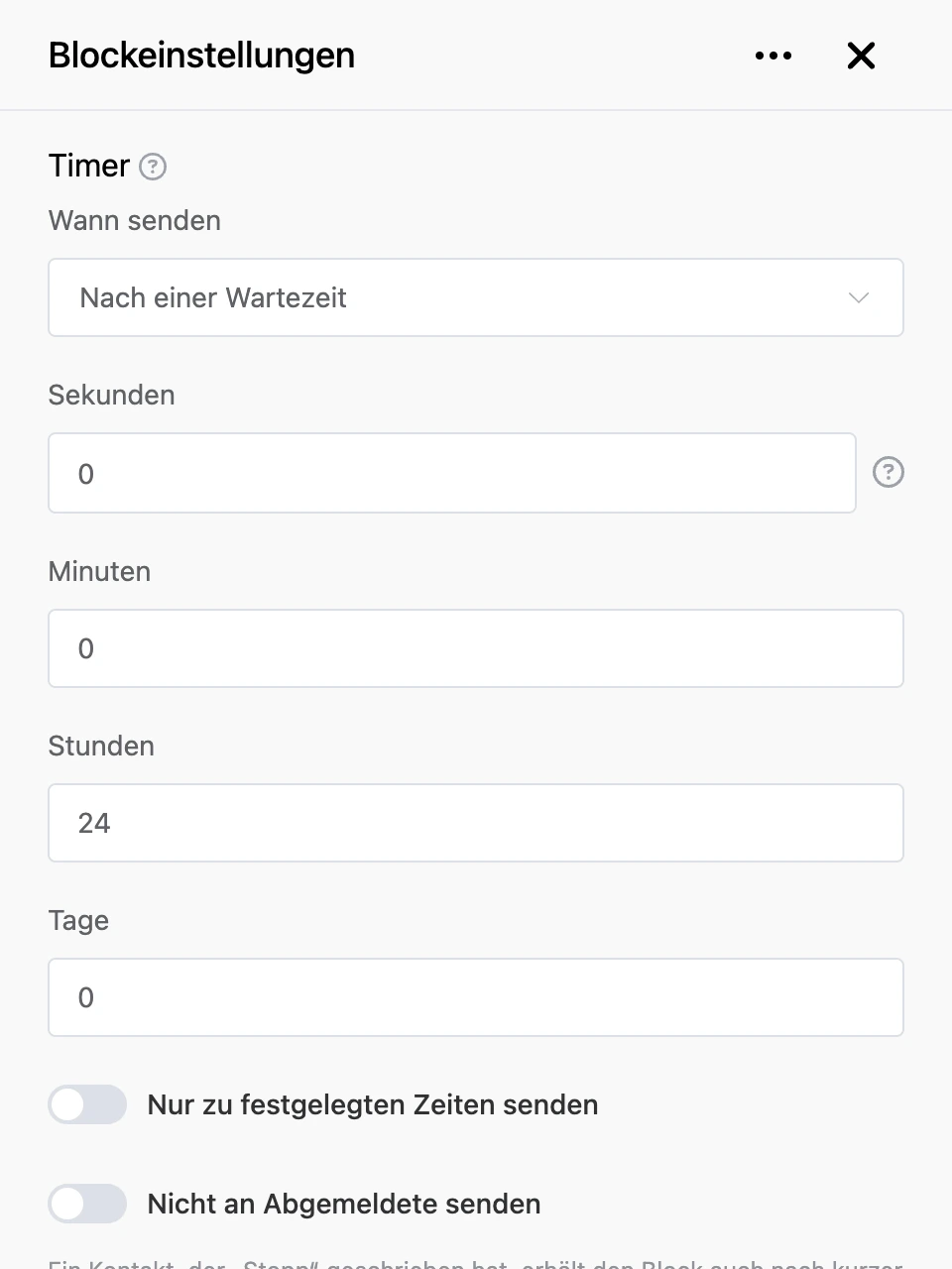 Einstellungspanel des Blocks „Timer“