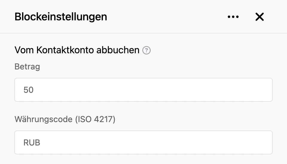 Einstellungspanel des Blocks „Vom Kontaktkonto abbuchen“