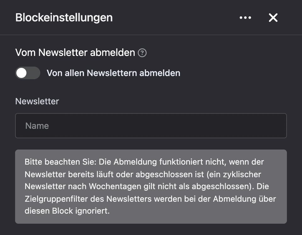 Einstellungspanel des Blocks „Vom Newsletter abmelden“