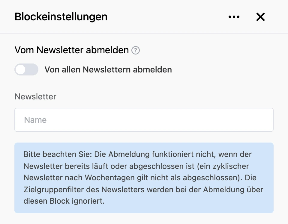 Einstellungspanel des Blocks „Vom Newsletter abmelden“