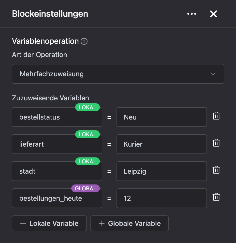 Block „Variablenoperation“: Vier Bestellvariablen werden auf einmal gesetzt