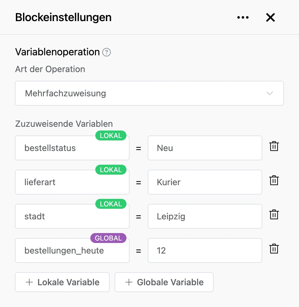 Block „Variablenoperation“: Vier Bestellvariablen werden auf einmal gesetzt