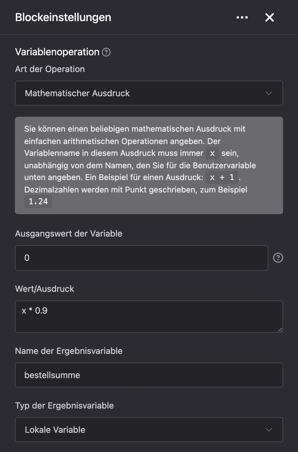 Block „Variablenoperation“: 10 % Rabatt auf die Bestellsumme mit dem Ausdruck x * 0.9