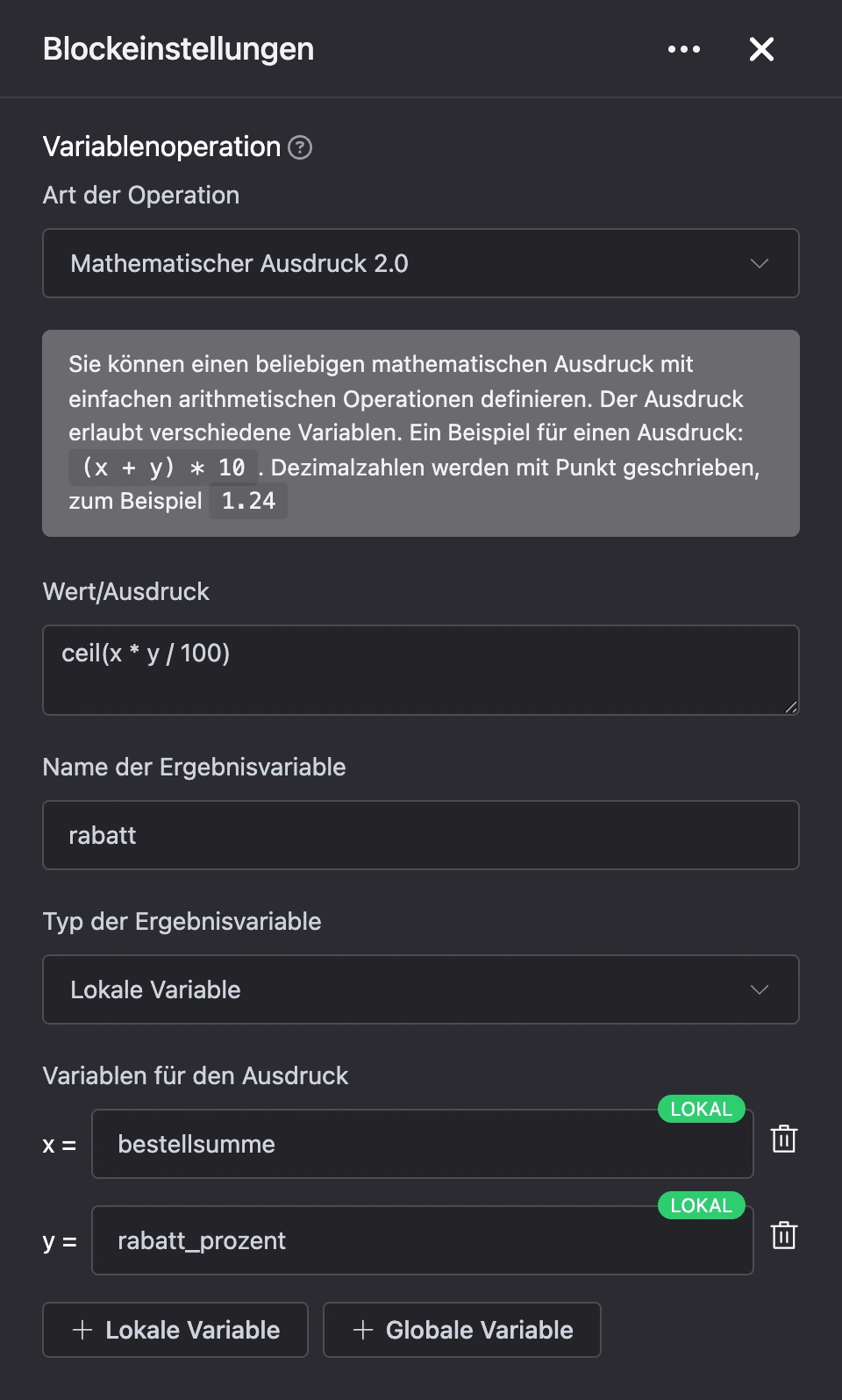 Block „Variablenoperation“: Der Rabatt wird aus Bestellsumme und Rabattprozentsatz berechnet