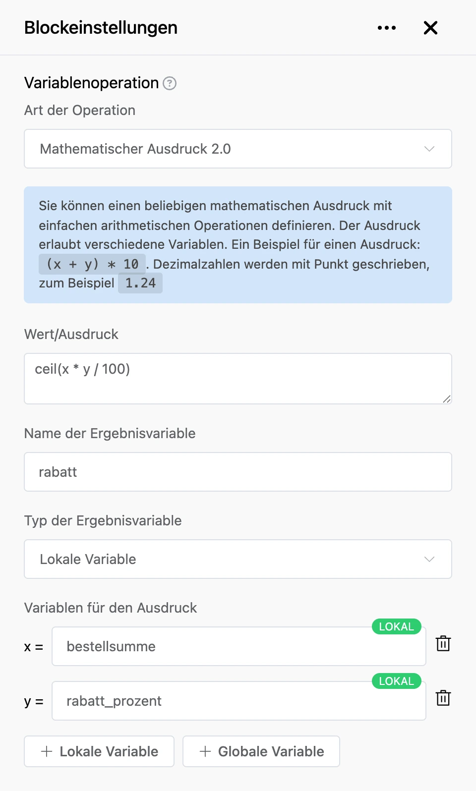 Block „Variablenoperation“: Der Rabatt wird aus Bestellsumme und Rabattprozentsatz berechnet