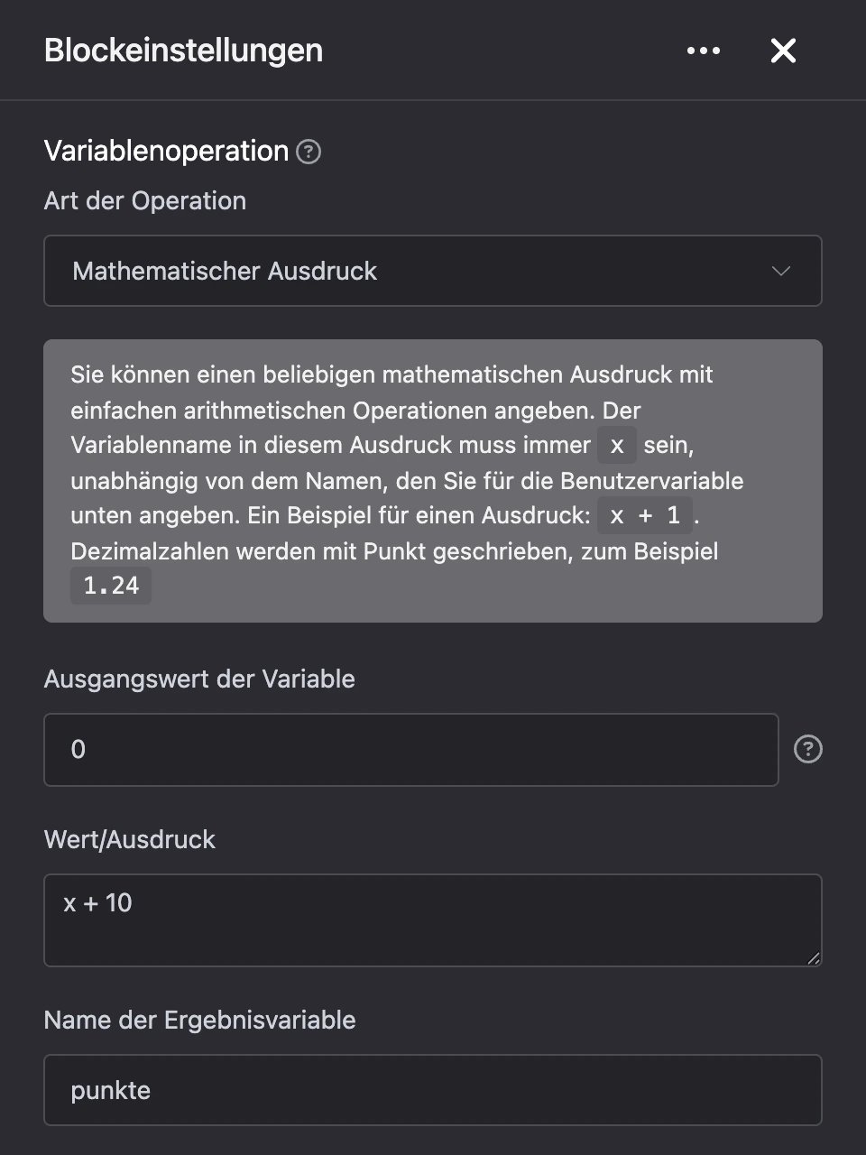 Einstellungspanel des Blocks „Variablenoperation“