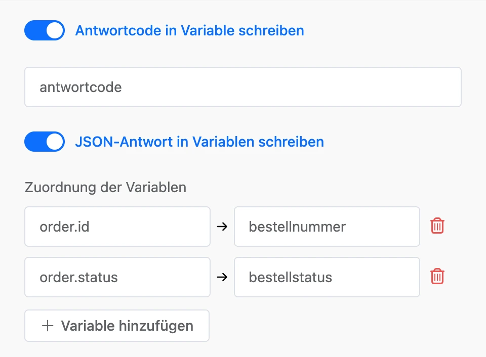 Antwortcode in eine Variable, JSON-Antwort in Variablen: order.id und order.status