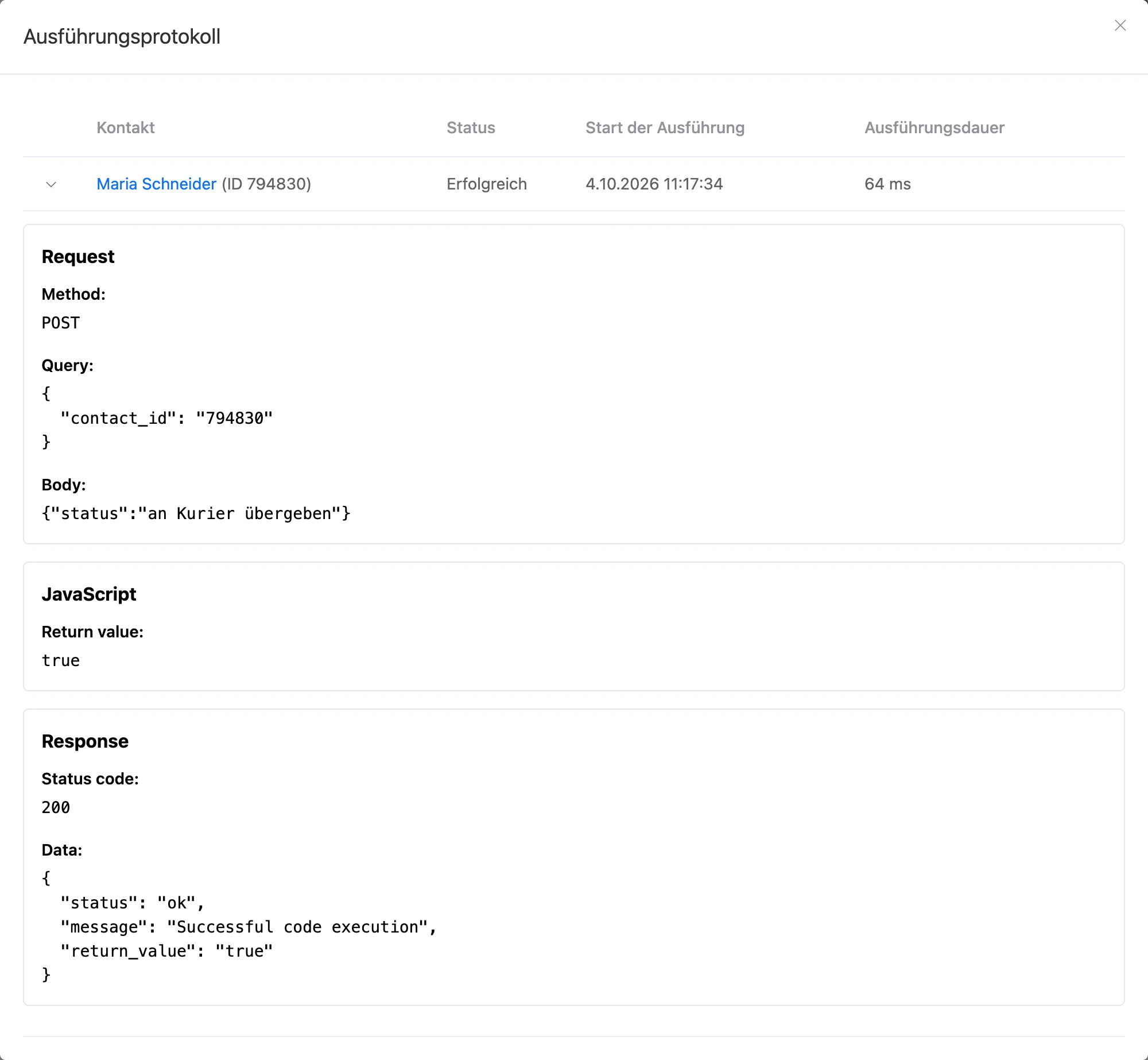 „Ausführungsprotokoll“ des eingehenden Webhooks: Methode, Parameter und Body der Anfrage, Rückgabewert und Antwort des Blocks