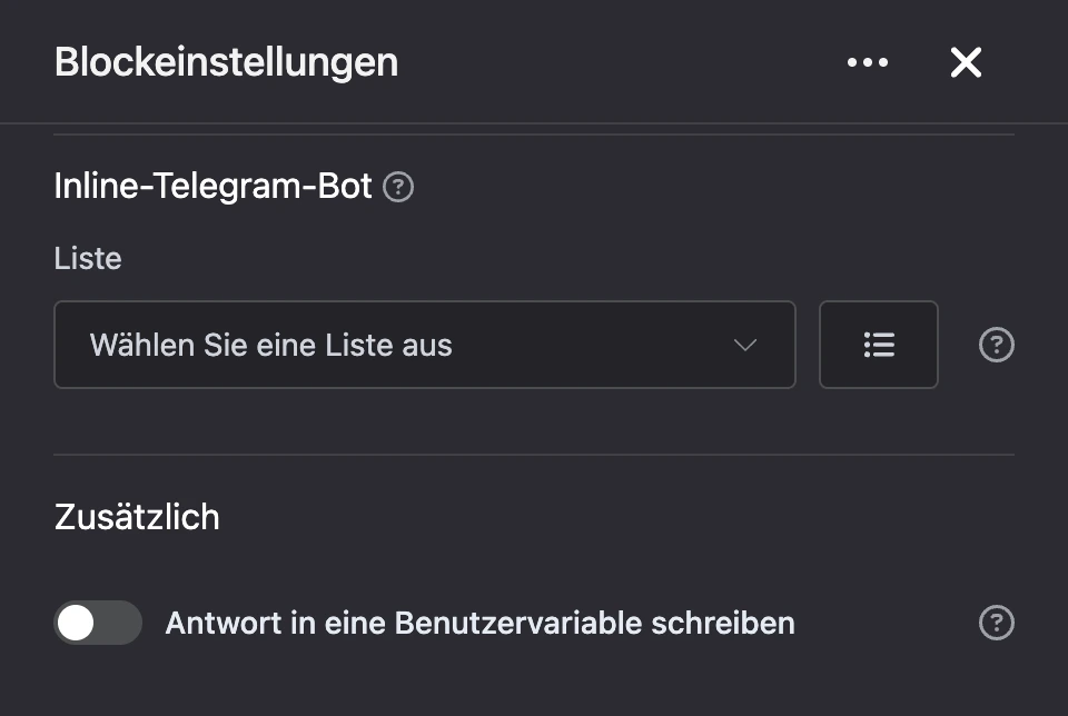 Einstellungspanel des Blocks „Inline-Telegram-Bot“