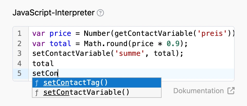 Code-Editor mit Vorschlag: zu „setCon“ werden setContactTag() und setContactVariable() angeboten