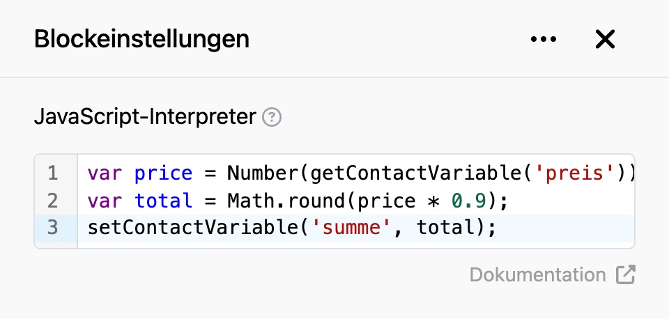 Einstellungspanel des Blocks „JavaScript-Interpreter“