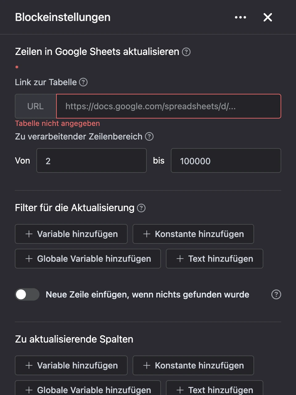 Einstellungspanel des Blocks „Zeilen in Google Sheets aktualisieren“