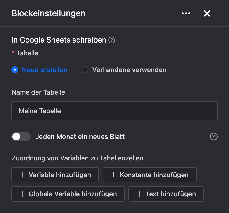 Einstellungspanel des Blocks „In Google Sheets schreiben“