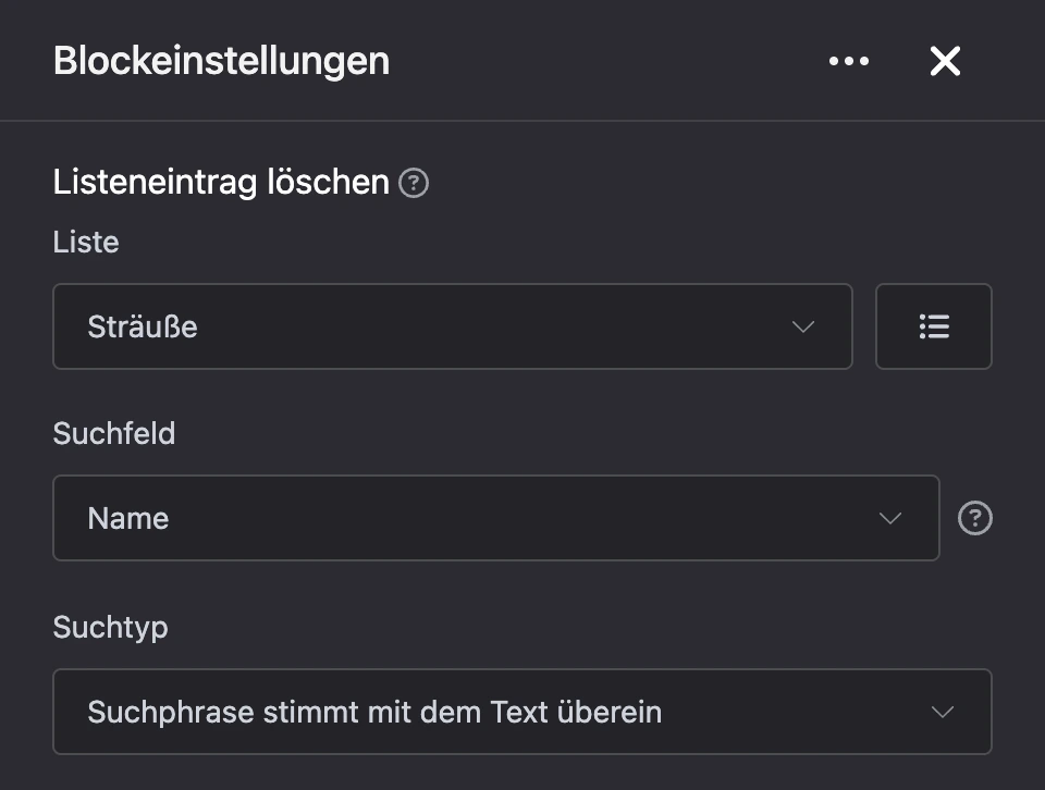 Einstellungspanel des Blocks „Listeneintrag löschen“
