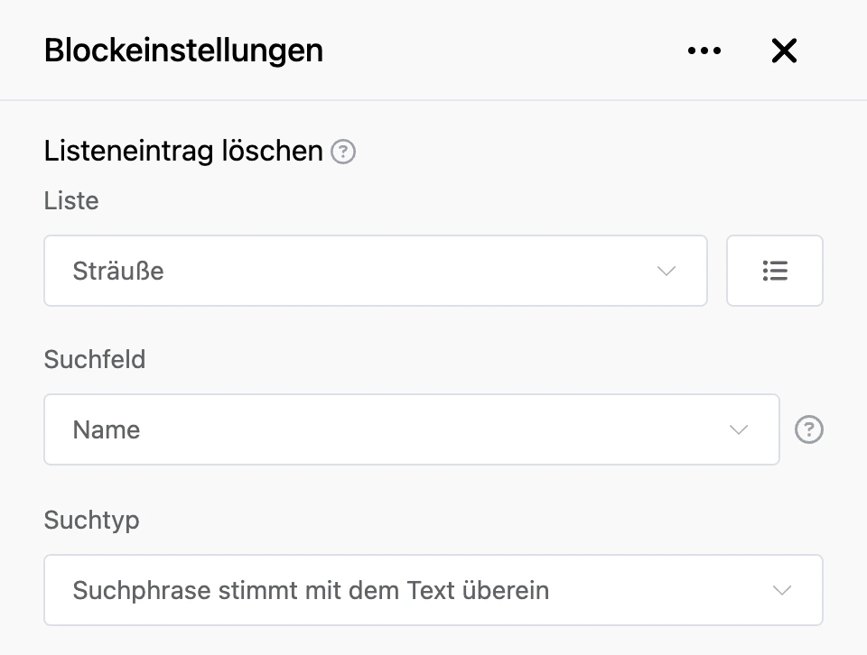 Einstellungspanel des Blocks „Listeneintrag löschen“