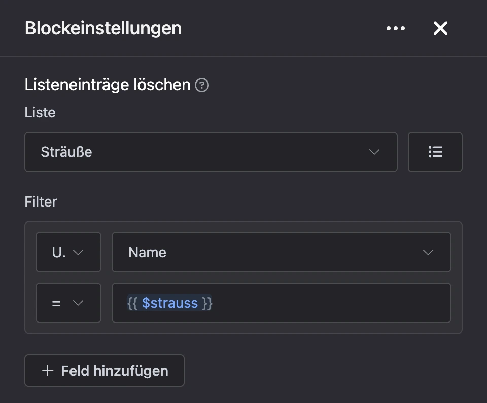Einstellungspanel des Blocks „Listeneinträge löschen“
